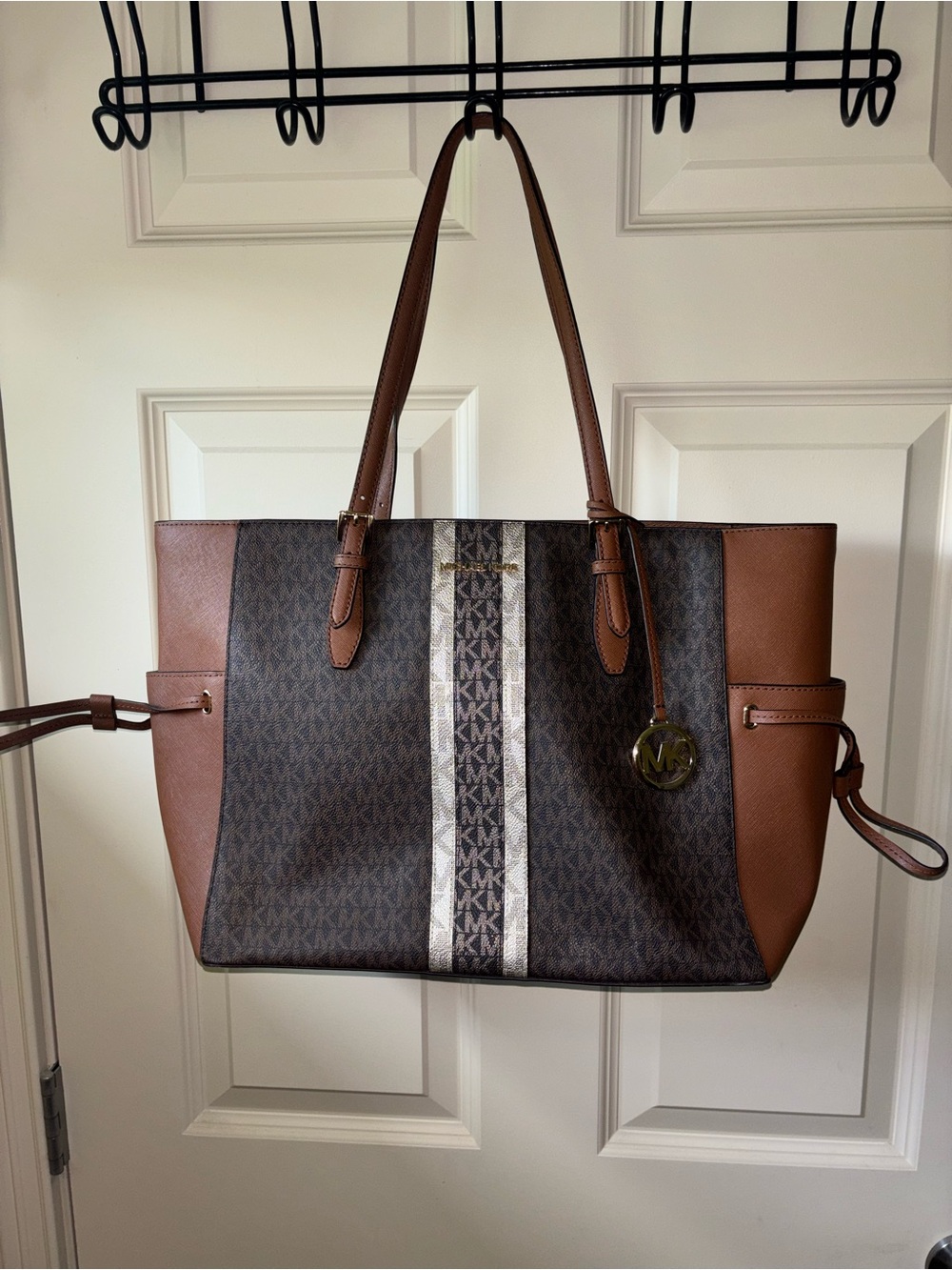 Michael Kors Brown Signature Stripe Tote with Tan Trim